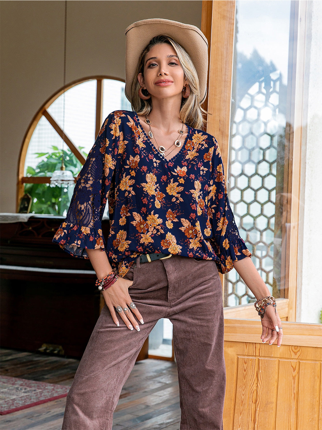 Floral V-Neck Crochet Blouse - Classique Collection