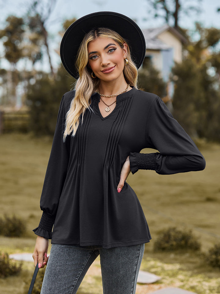Notched Neck Flounce Sleeve Blouse - Classique Collection
