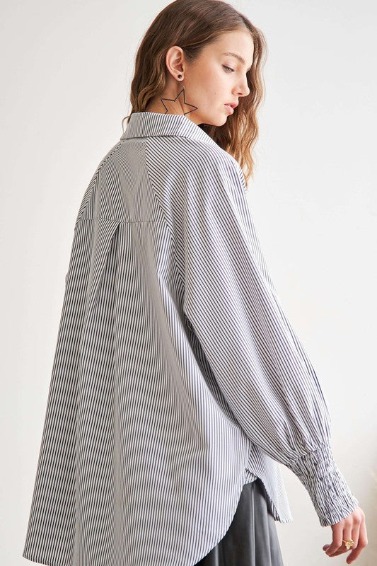 ADORA High-Low Striped Button Down Smocked Lantern Sleeve Shirt - ClassiQ