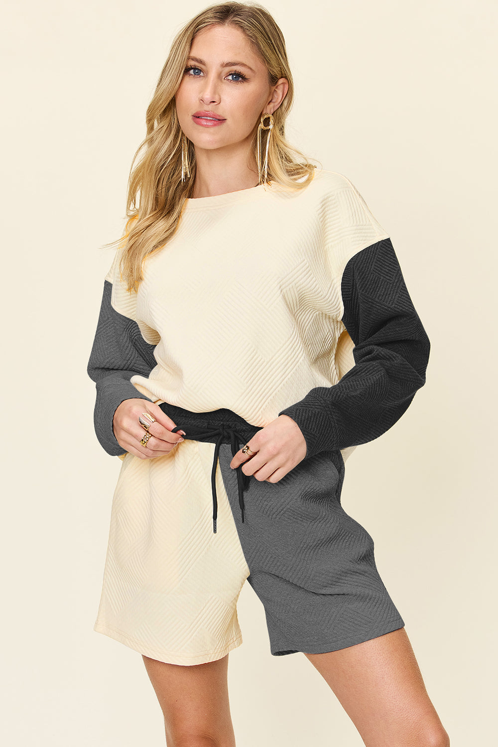 Double Take Full Size Contrast Drop Shoulder Top and Shorts Set - ClassiQ