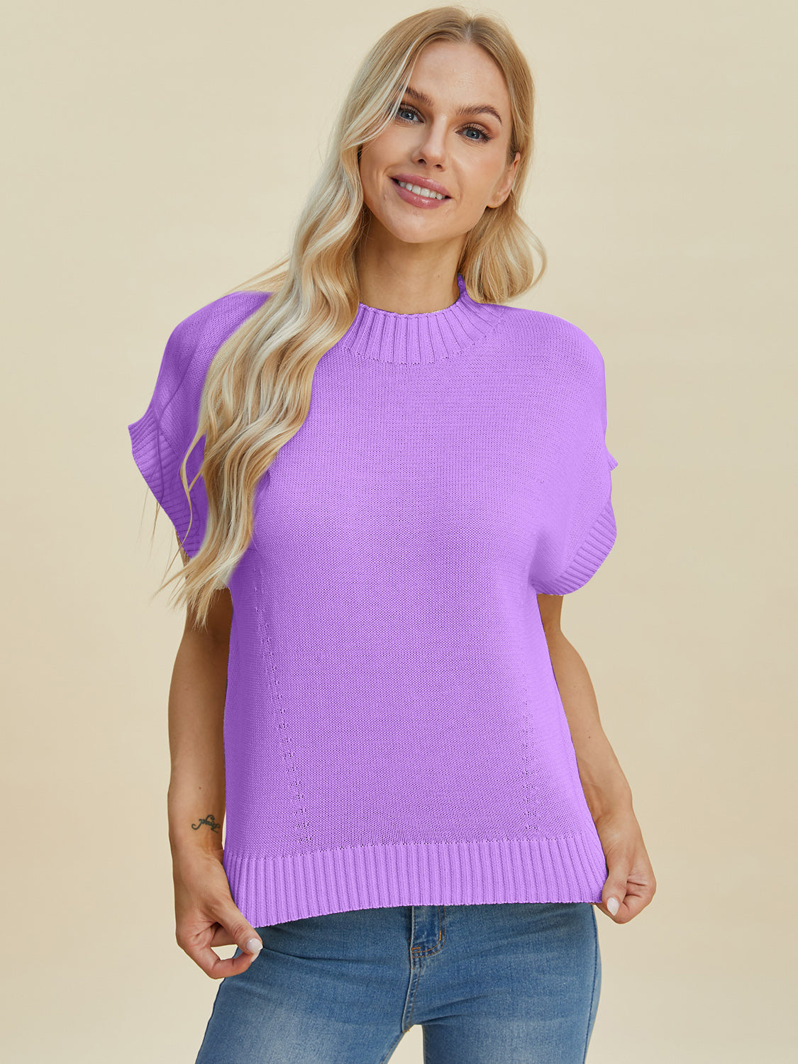 Double Take Full Size Mock Neck Short Sleeve Sweater - ClassiQ