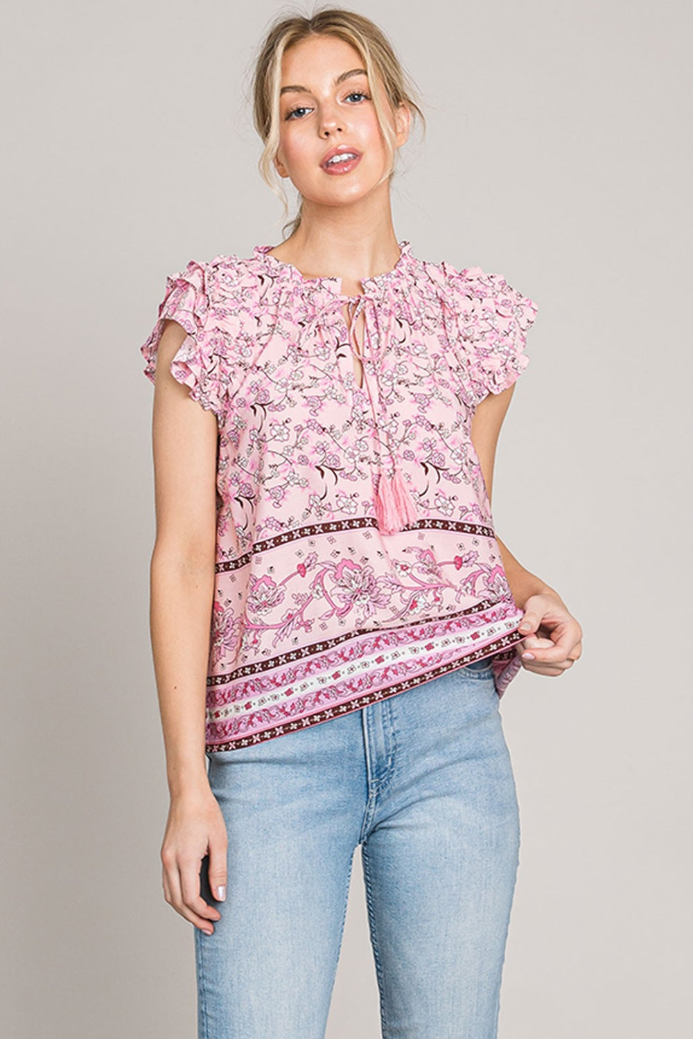 Cotton Bleu by Nu Lab Print Ruffle Sleeve Detail Blouse - Classique Collection