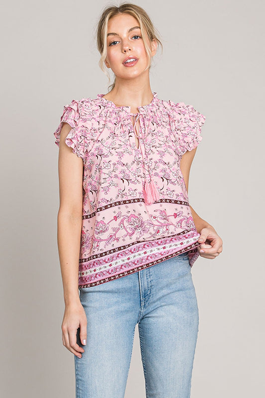 Cotton Bleu by Nu Lab Print Ruffle Sleeve Detail Blouse - Classique Collection
