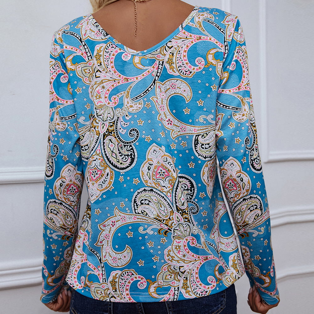 Shiny Printed V-Neck Long Sleeve Blouse - ClassiQ