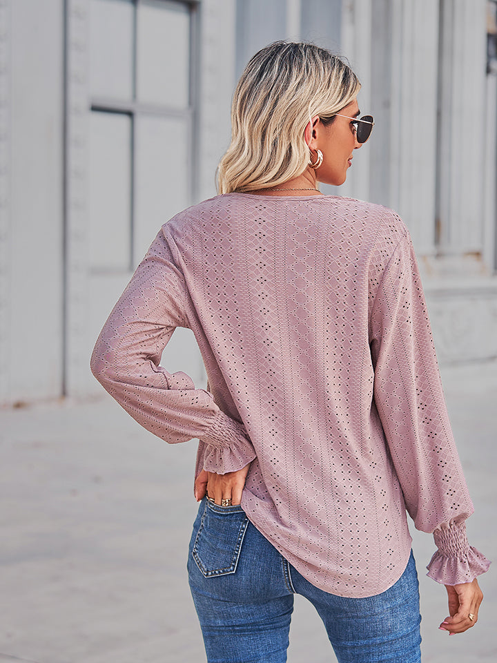 V-Neck Eyelet Flounce Sleeve Blouse - Classique Collection