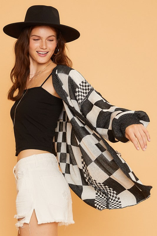 Annie Wear Checkered Open Front Drop Shoulder Cardigan - ClassiQ