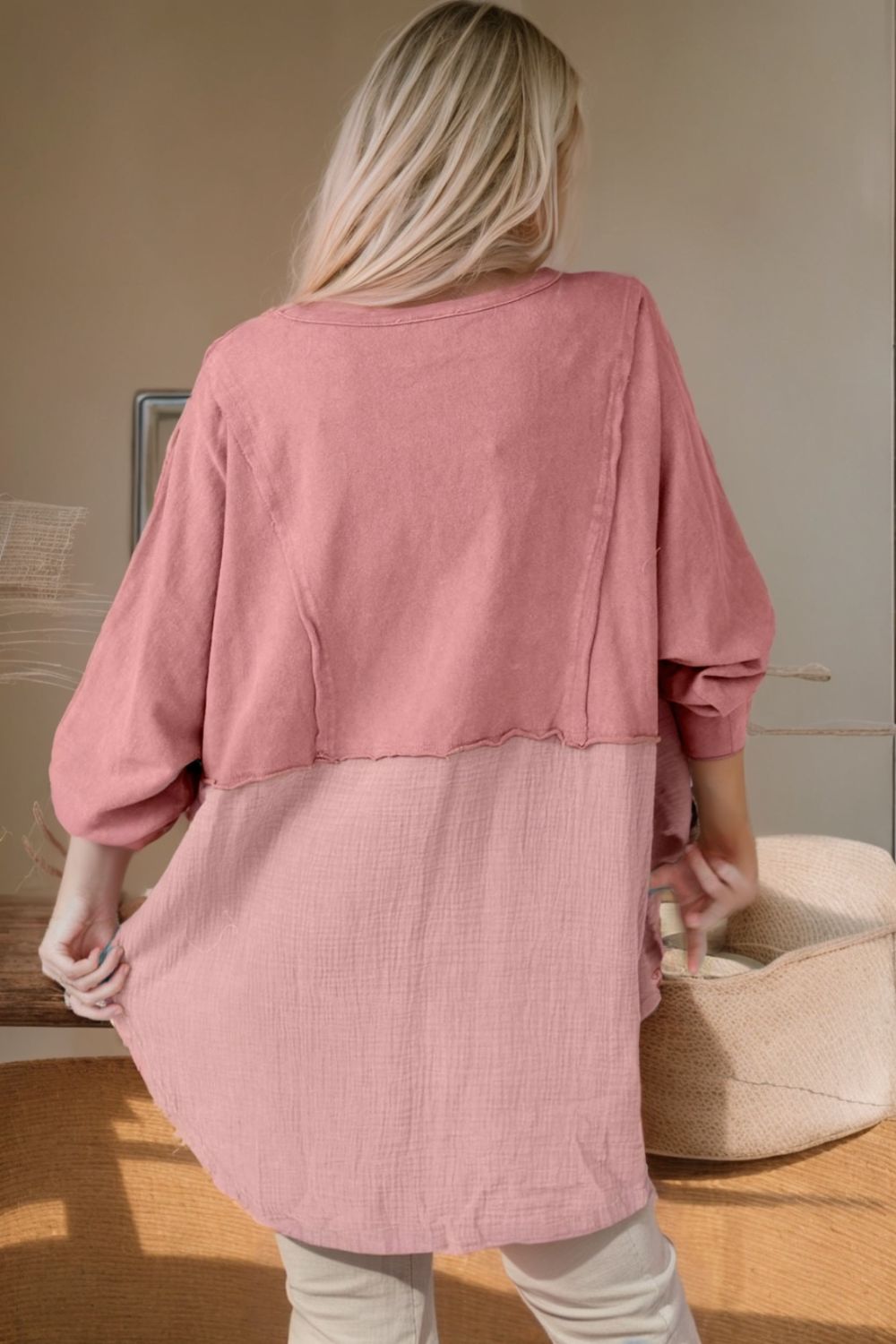 Contrast Texture Round Neck Long Sleeve Blouse - Classique Collection