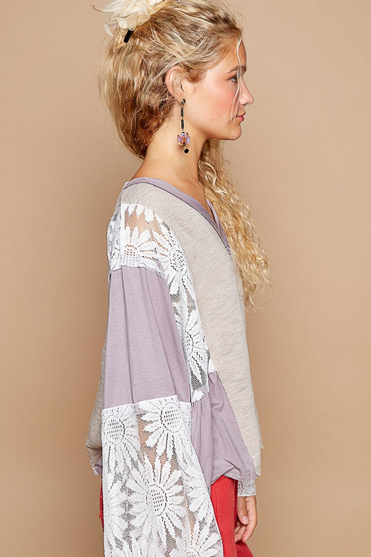POL Lace Detail V-Neck Flare Sleeve Blouse - Classique Collection