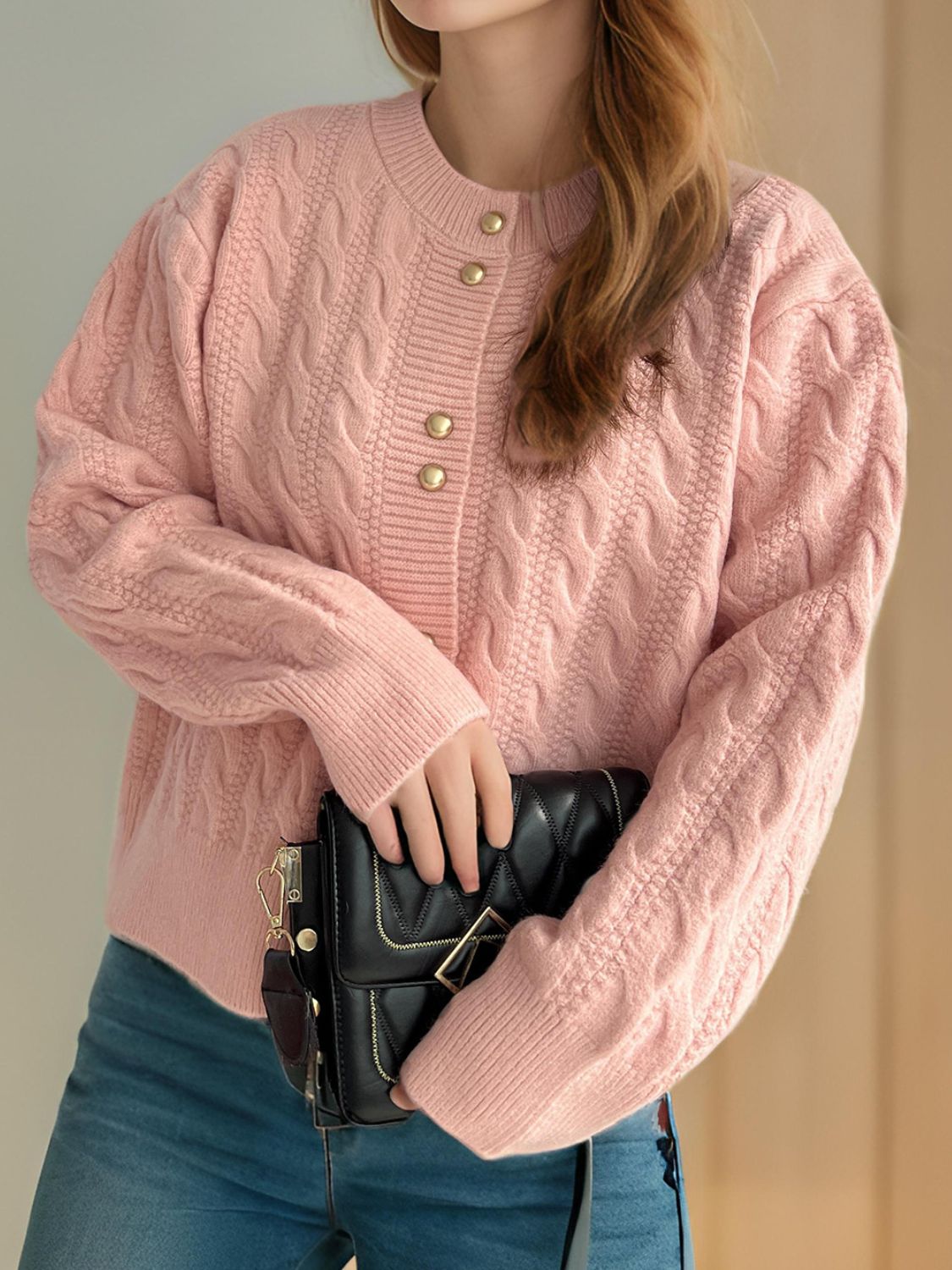 Cable-Knit Round Neck Long Sleeve Cardigan - ClassiQ