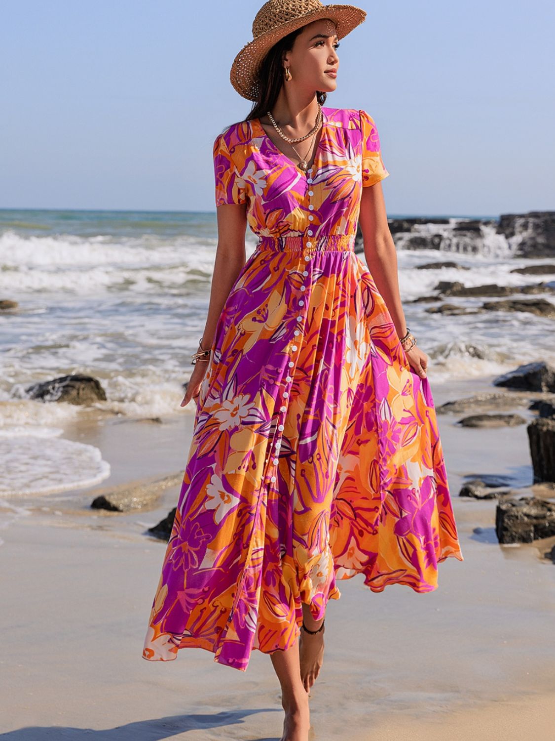 Printed V-Neck Short Sleeve Midi Dress - Classique Collection