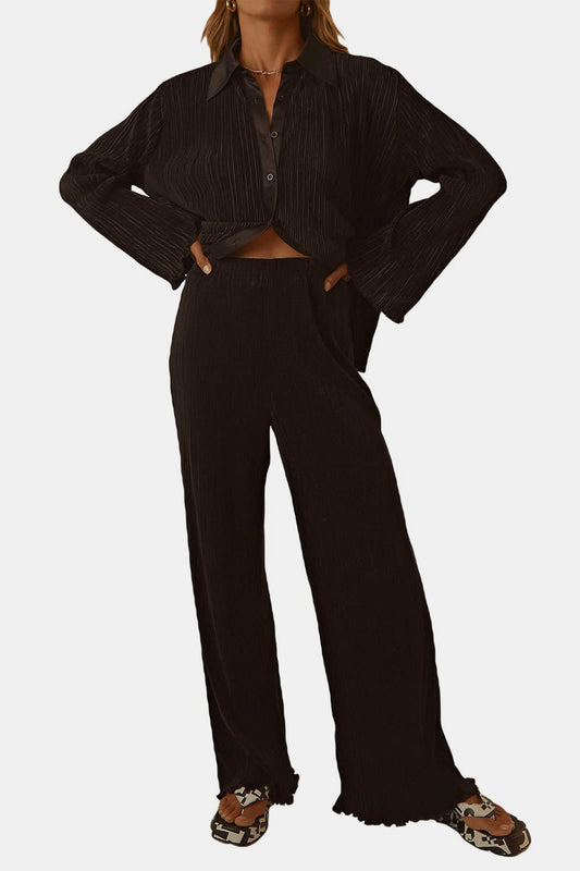 Textured Button Up Collared Neck Top and Pants Set - ClassiQ
