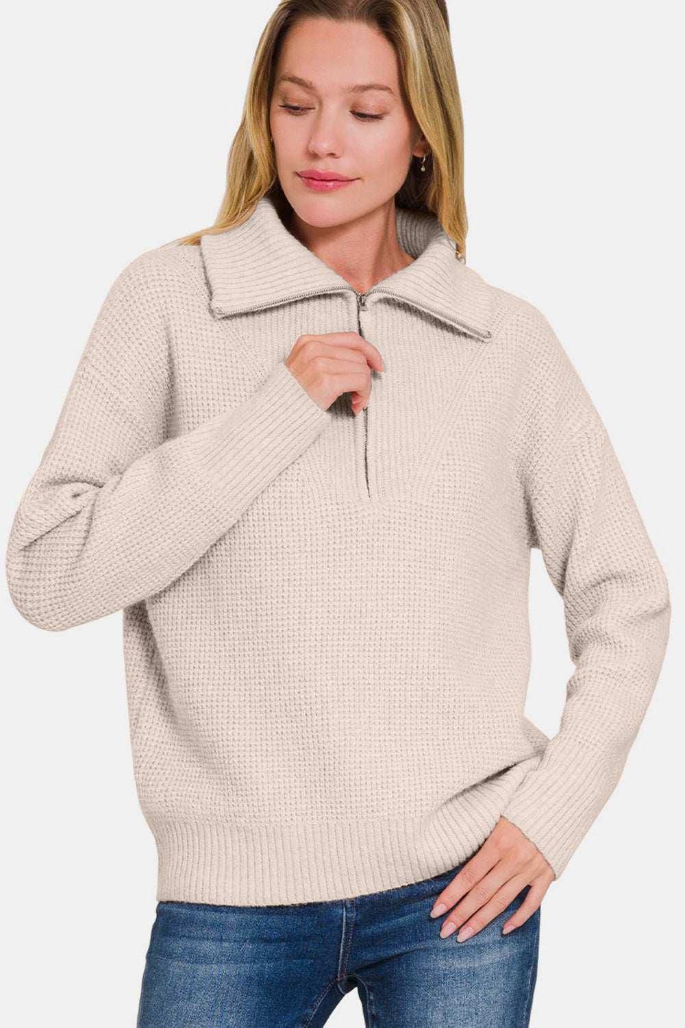 Zenana Half Zip Long Sleeve Sweater - ClassiQ