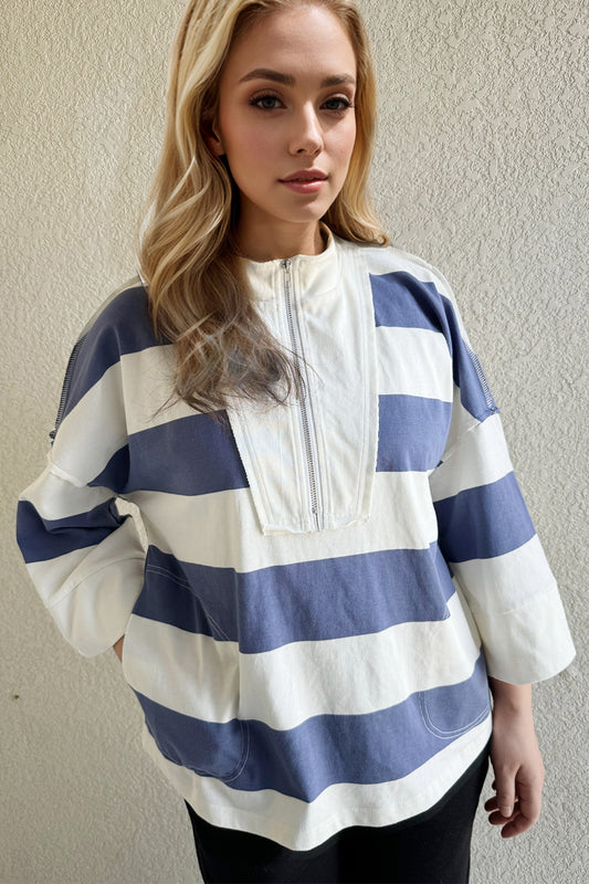 Oh Pima Cotton Wash Striped Half Zip Mock Neck Long Sleeve Top - Classique Collection