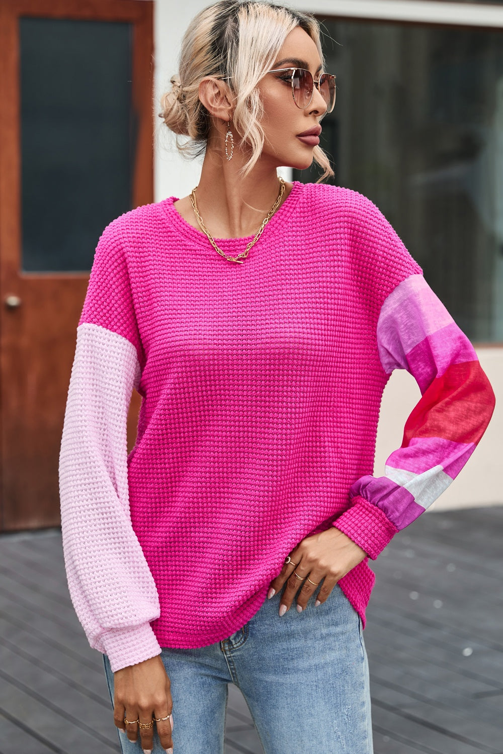 Color Block Waffle-Knit Blouse - Classique Collection