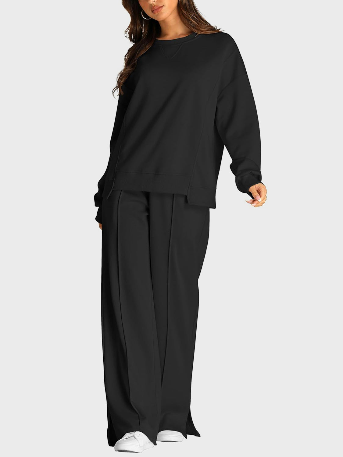 Round Neck Long Sleeve Top and Slit Pants Set - ClassiQ