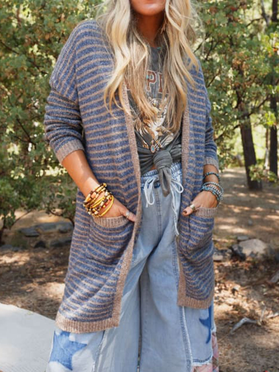 Open Front Long Sleeve Striped Cardigan - ClassiQ