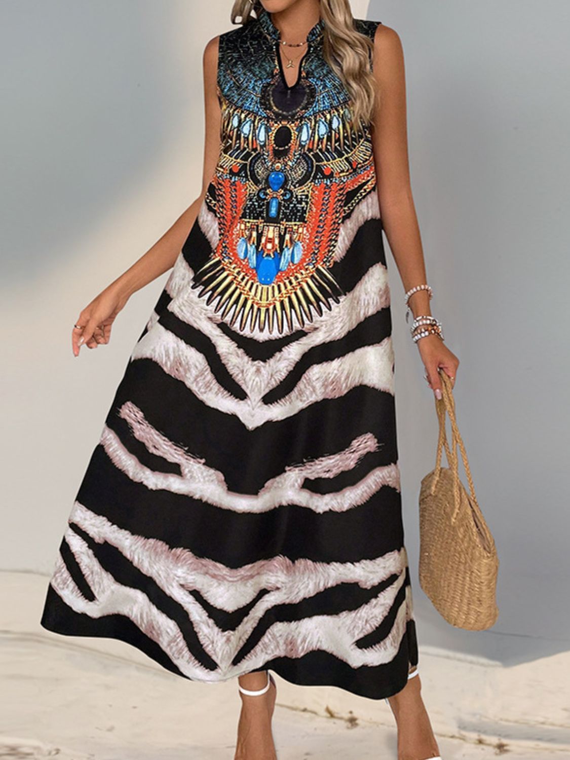 Perfee Printed Notched Sleeveless Dress - Classique Collection