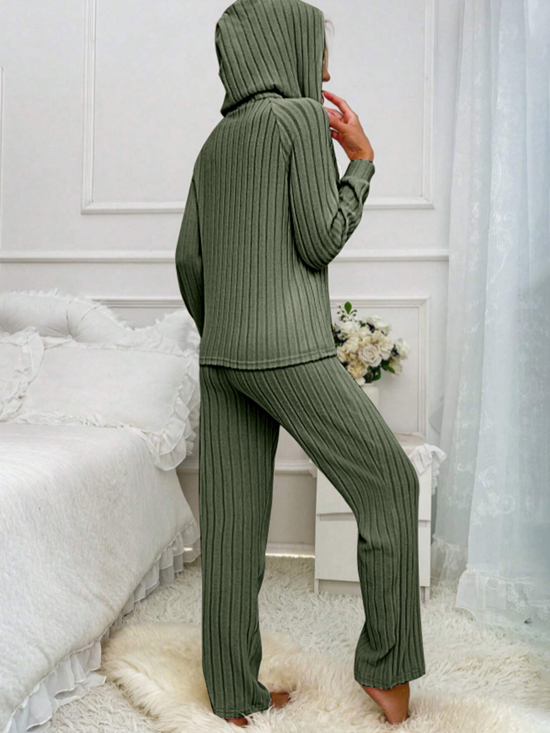 Drawstring Half Button Hooded Top and Ribbed Pants Set - ClassiQ