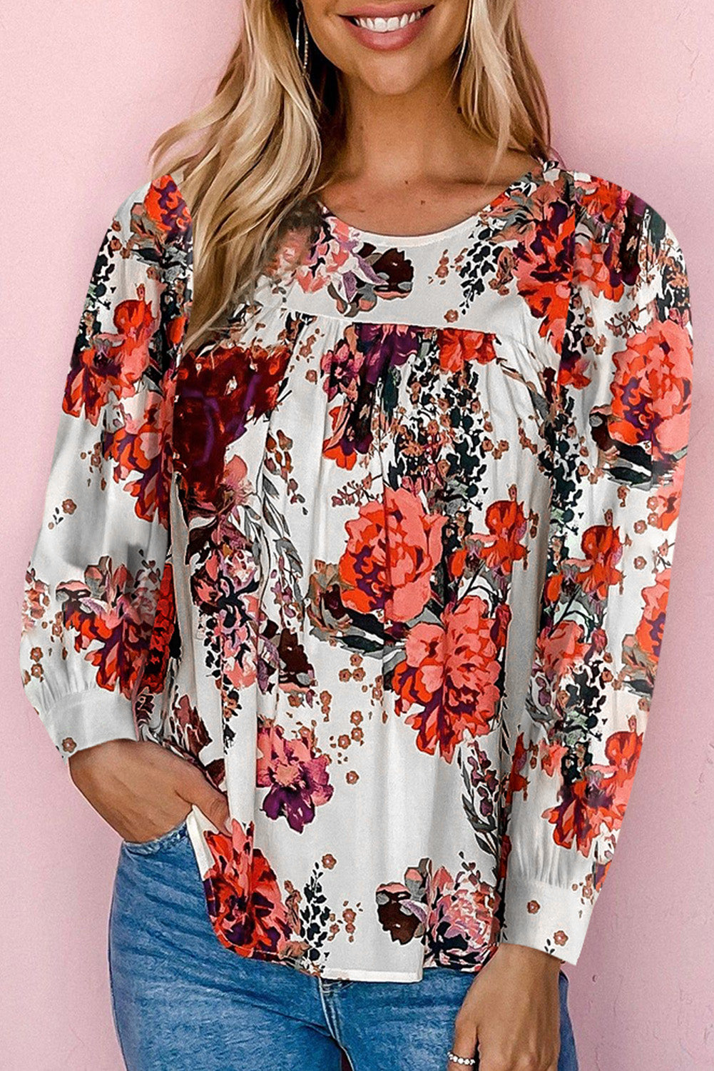 Floral Print Round Neck Long Sleeve Blouse - Classique Collection