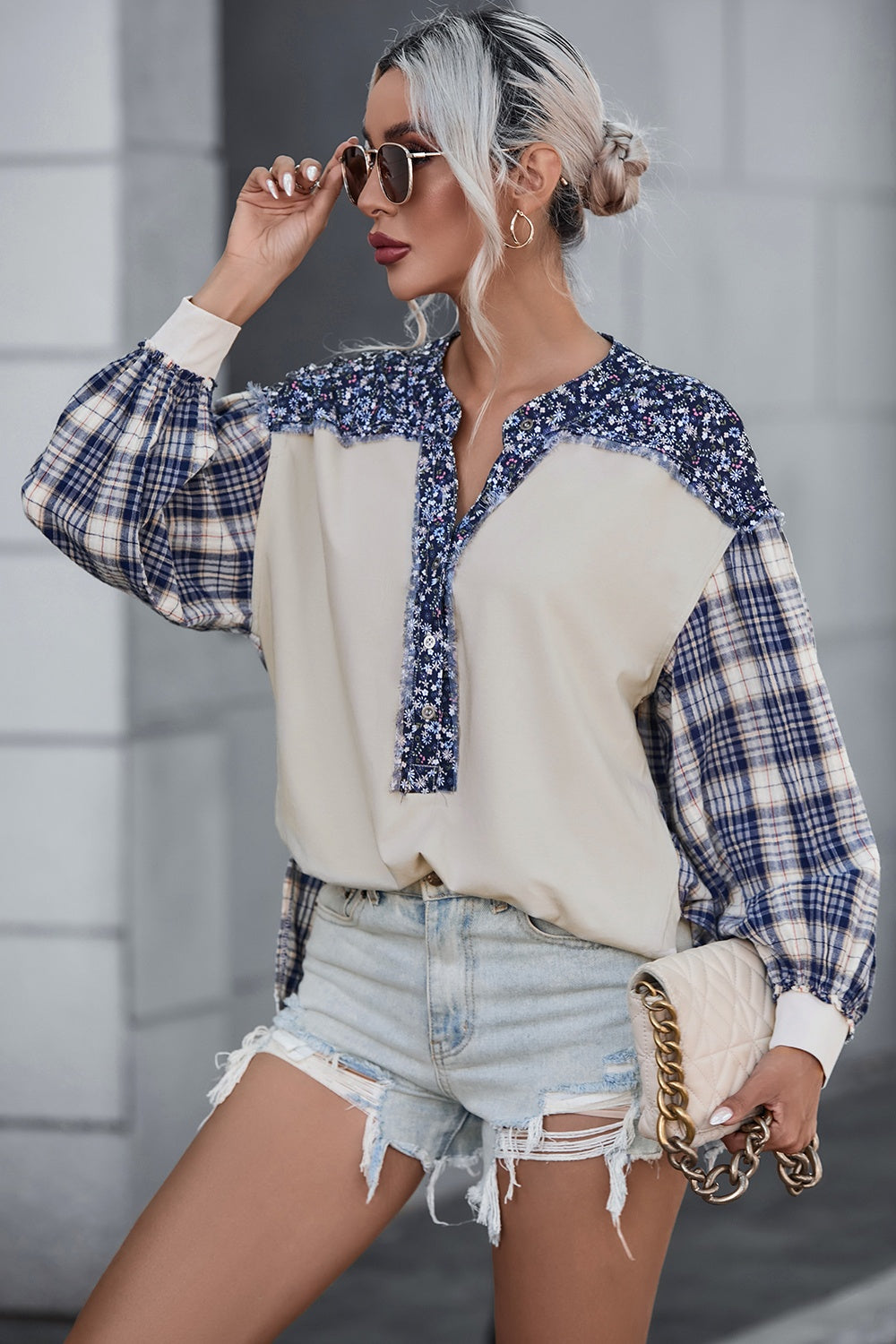 Plaid Notched Neck Slit Blouse - Classique Collection