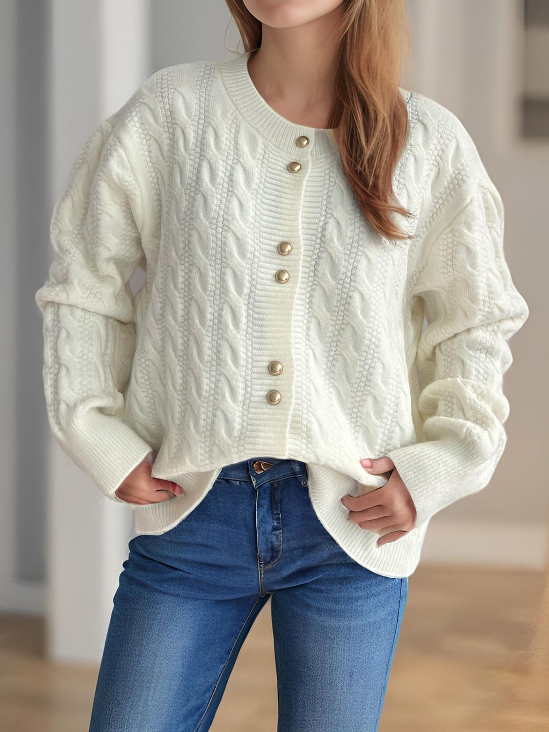 Cable-Knit Round Neck Long Sleeve Cardigan - ClassiQ