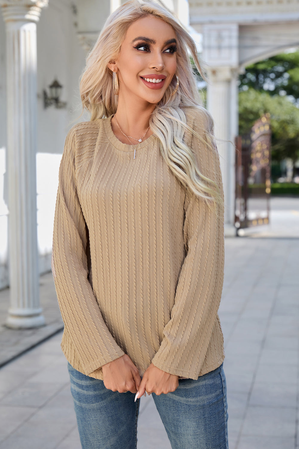 Round Neck Raglan Sleeve Ribbed Blouse - Classique Collection