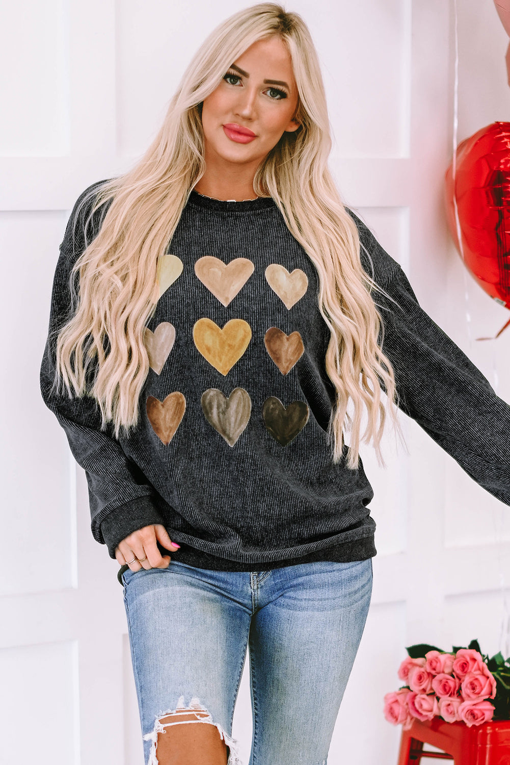 Heart Round Neck Dropped Shoulder Sweatshirt - ClassiQ