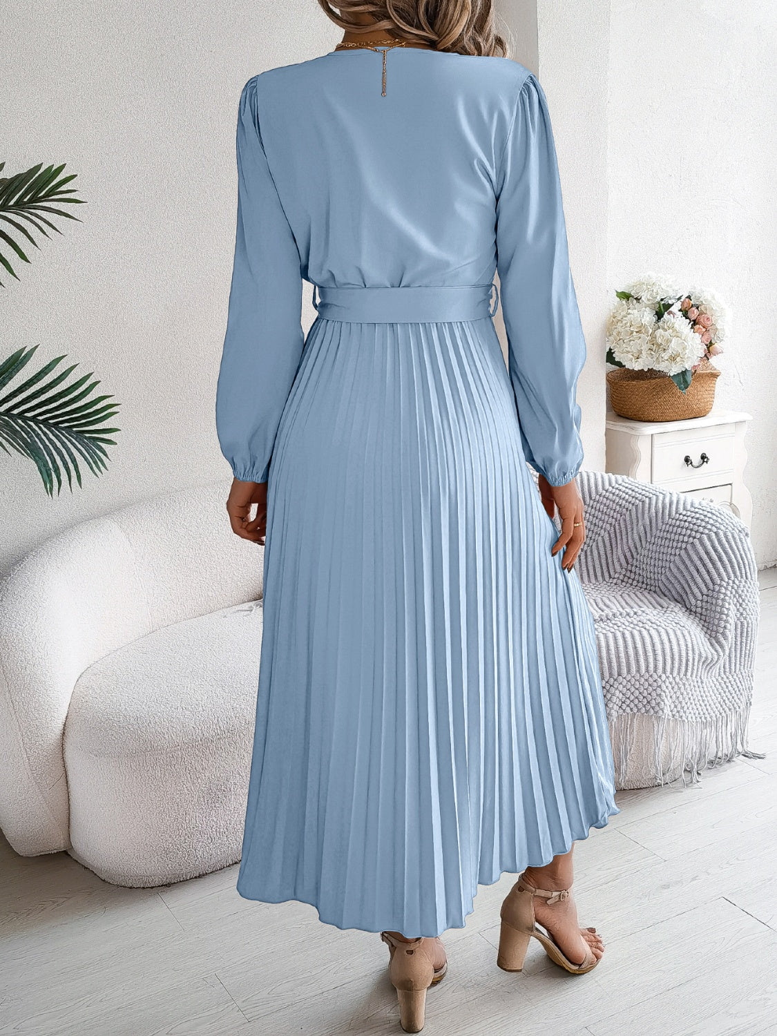 Pleated Tied V-Neck Long Sleeve Dress - Classique Collection
