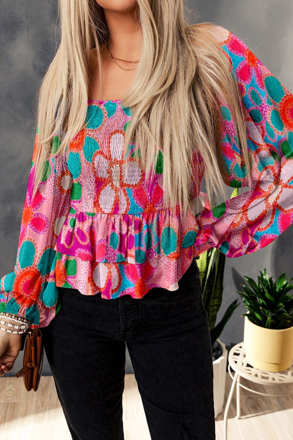Floral Smocked Ruffled Balloon Sleeve Blouse - Classique Collection