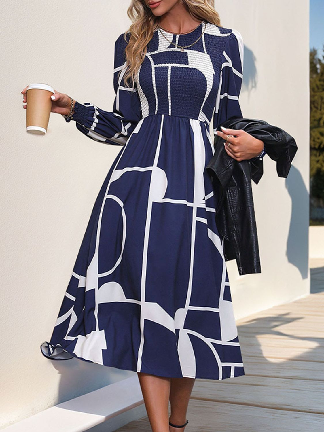Perfee Smocked Color Block Long Sleeve Midi Dress - Classique Collection