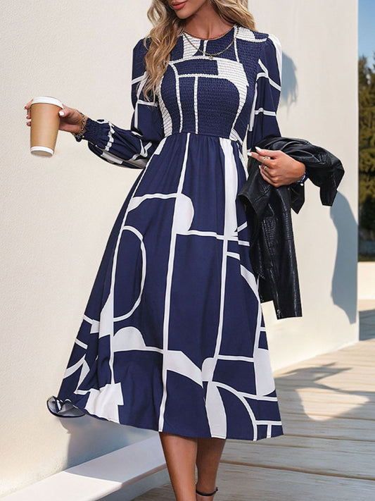 Perfee Smocked Color Block Long Sleeve Midi Dress - Classique Collection