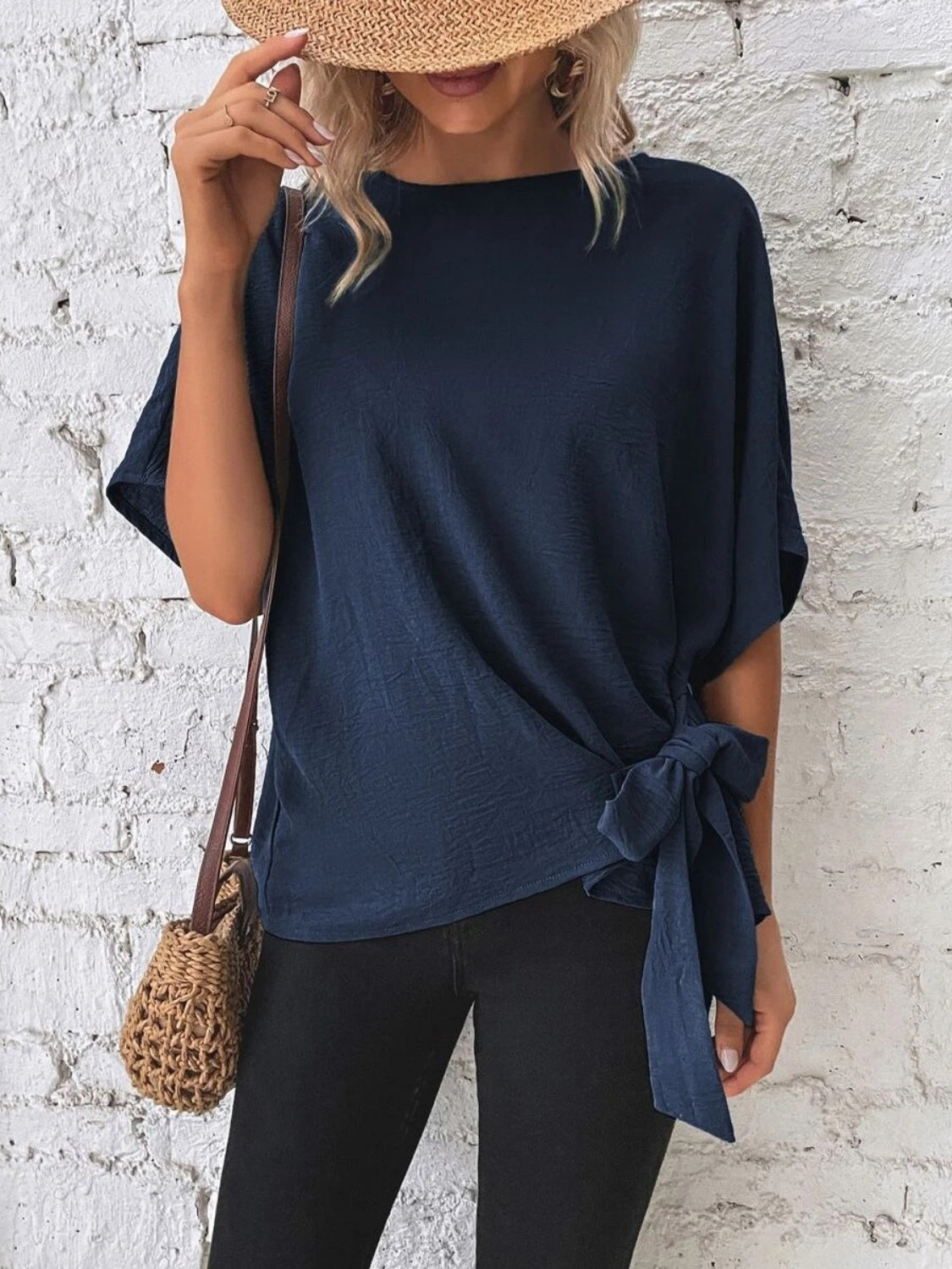 Knotted Round Neck Half Sleeve Blouse - ClassiQ
