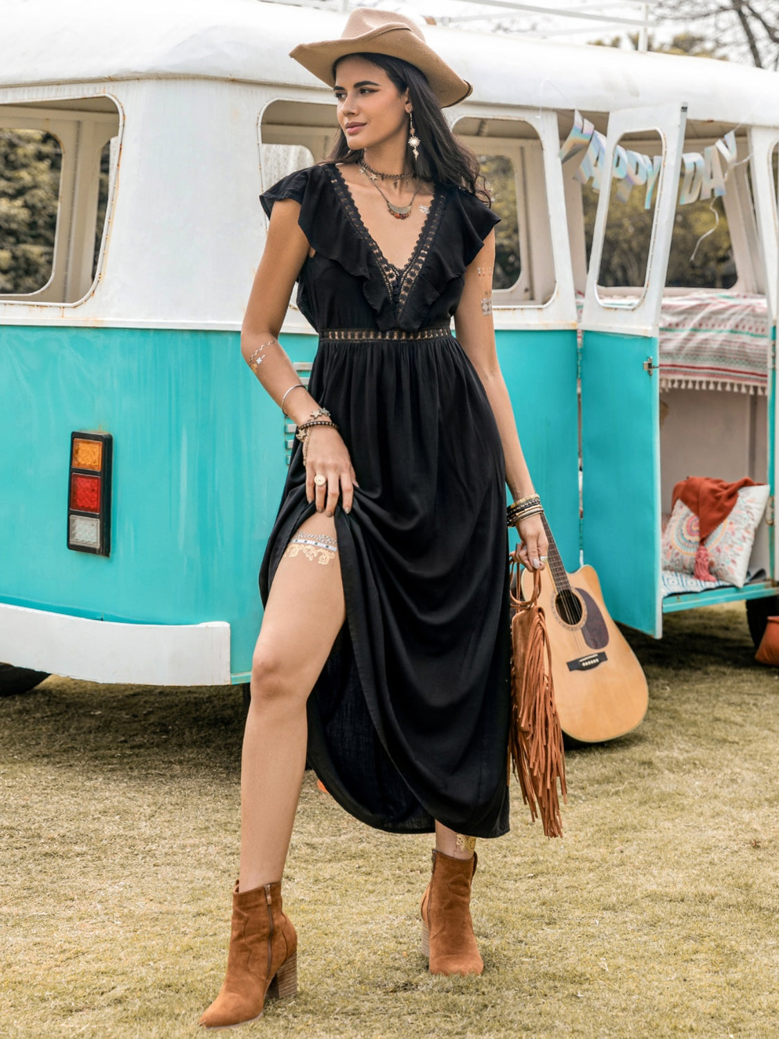 Lace Detail Plunge Cap Sleeve Midi Dress - Classique Collection