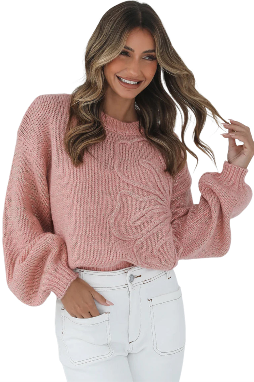 Peach Blossom Solid Color Big Flower Drop Shoulder Sweater Shewin