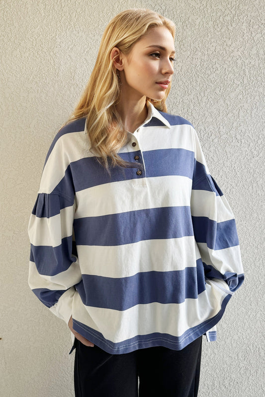Oh Pima Cotton Wash Wide Striped Collared Neck Long Sleeve Top - Classique Collection
