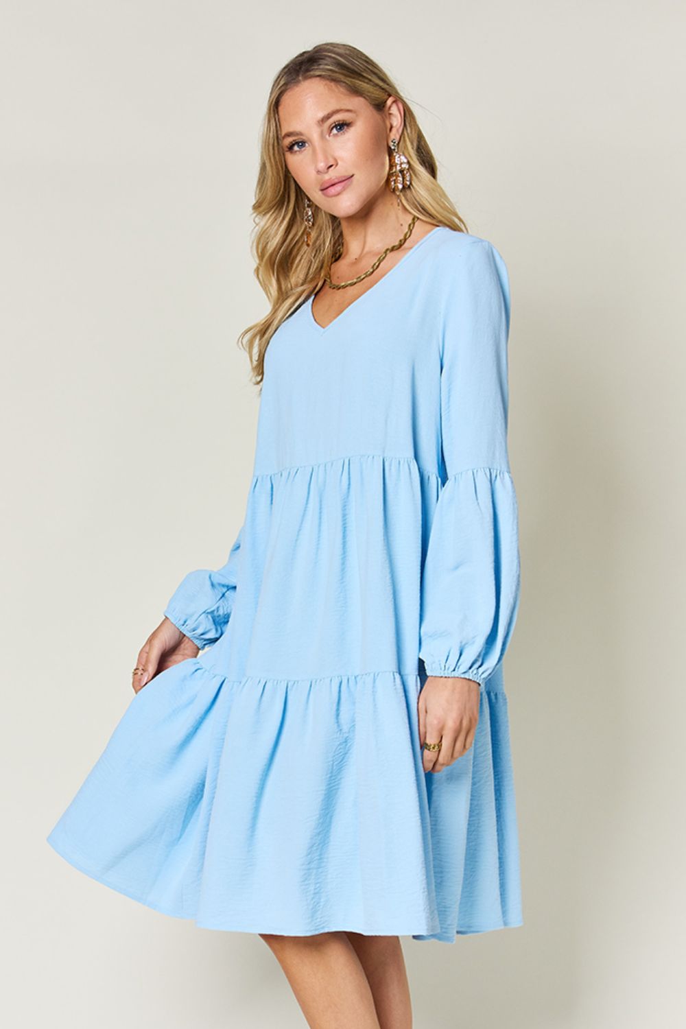 Double Take Full Size V-Neck Balloon Sleeve Tiered Dress with Pockets - Classique Collection