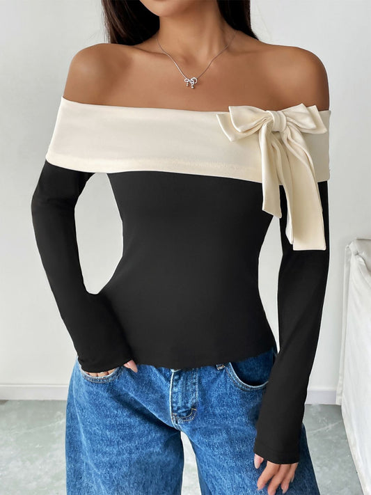 Perfee Bow Contrast Off-Shoulder Long Sleeve Top - Classique Collection