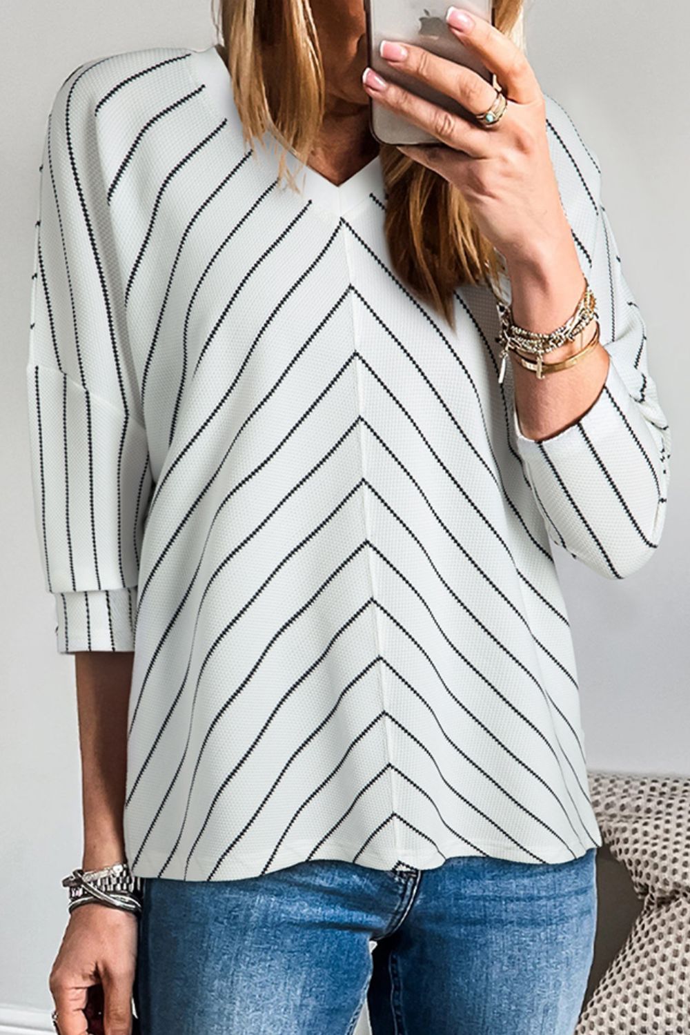 Striped V-Neck Long Sleeve Blouse - Classique Collection