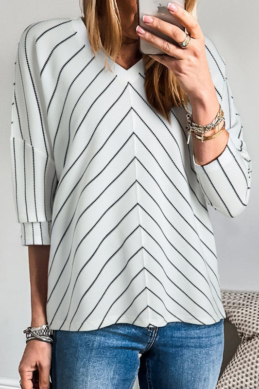 Striped V-Neck Long Sleeve Blouse - Classique Collection