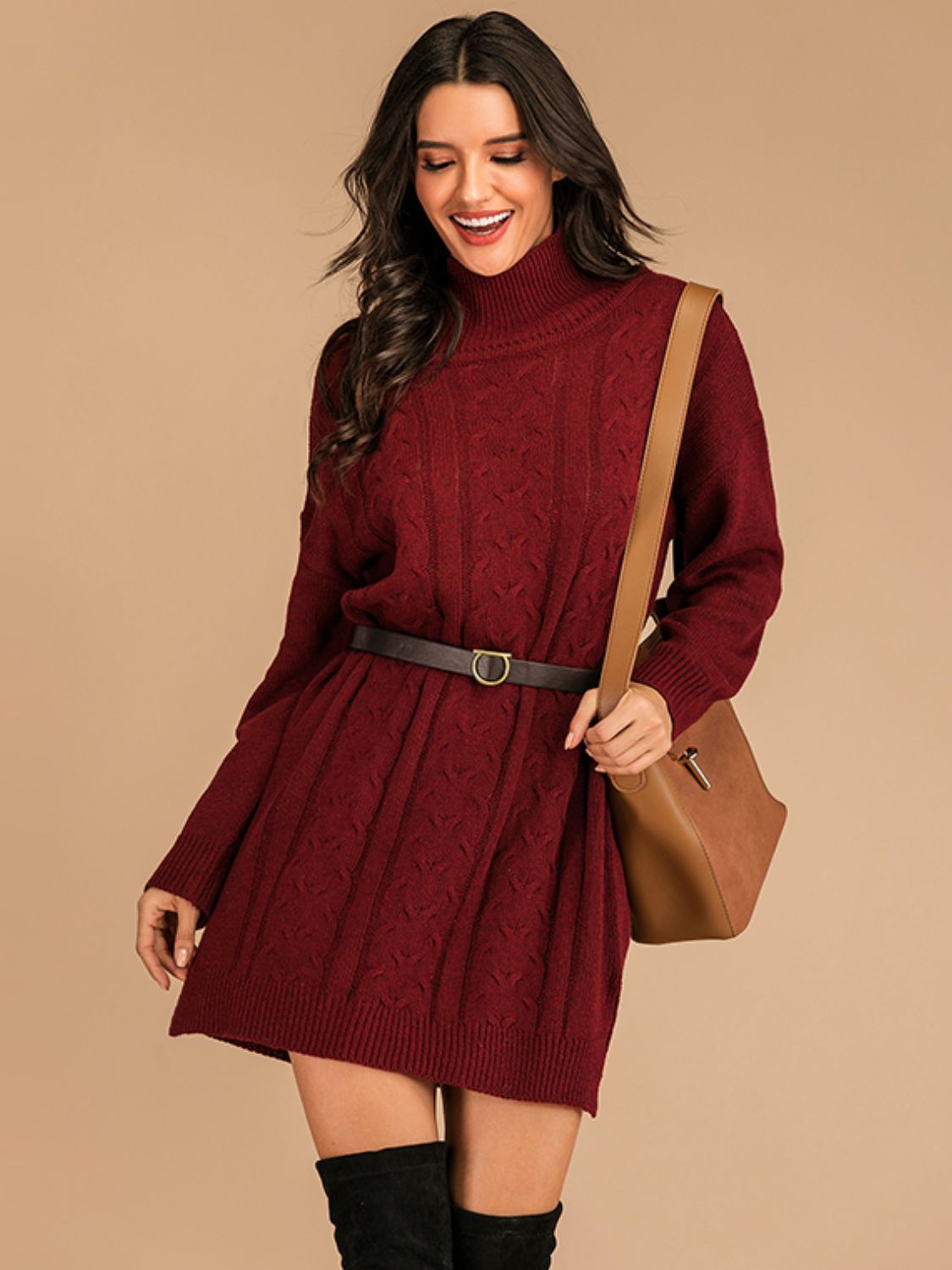 Perfee Slit Turtleneck Long Sleeve Mini Sweater Dress - Classique Collection