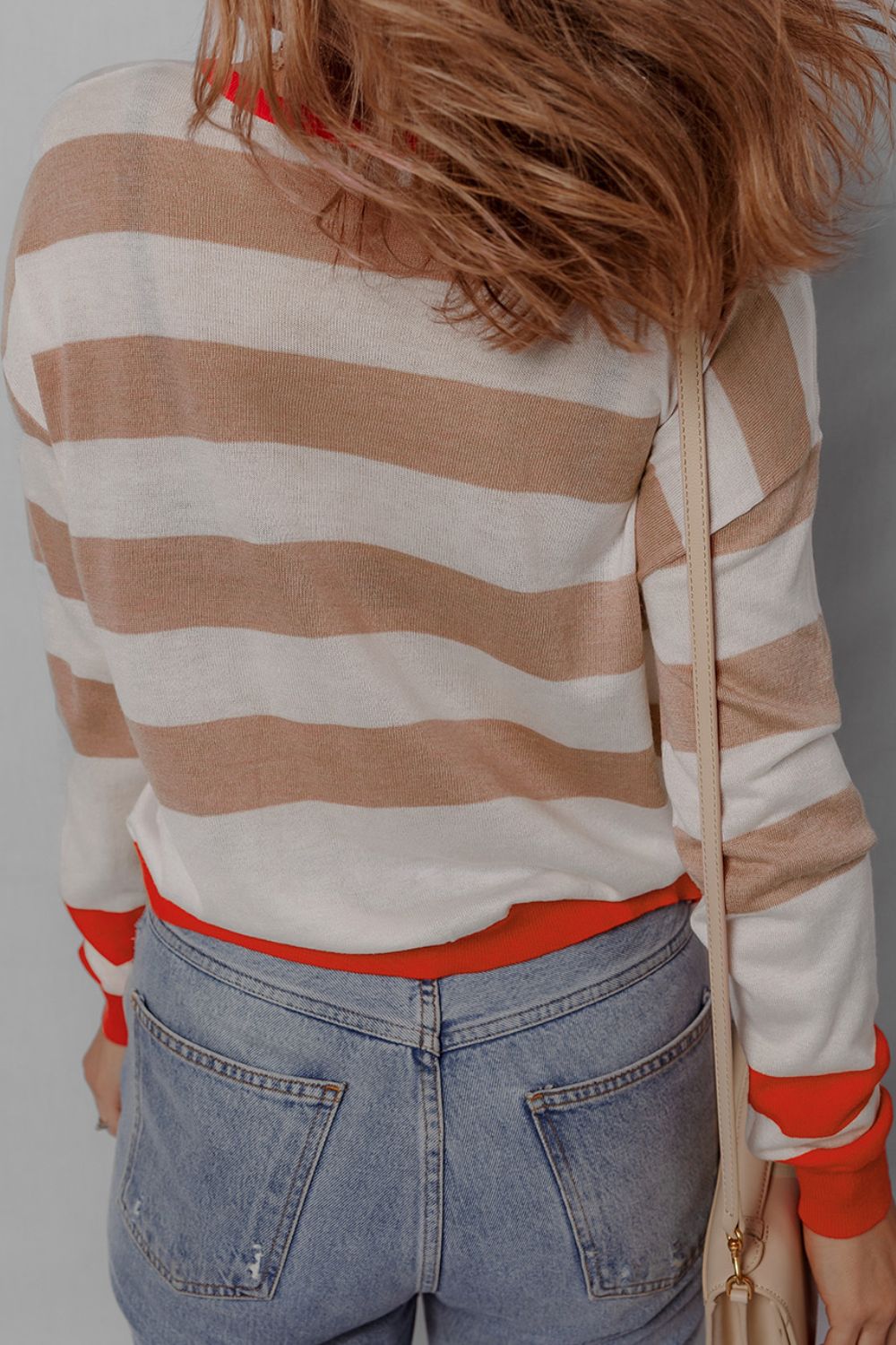 Contrast Striped Round Neck Drop Shoulder Knit Top - Classique Collection