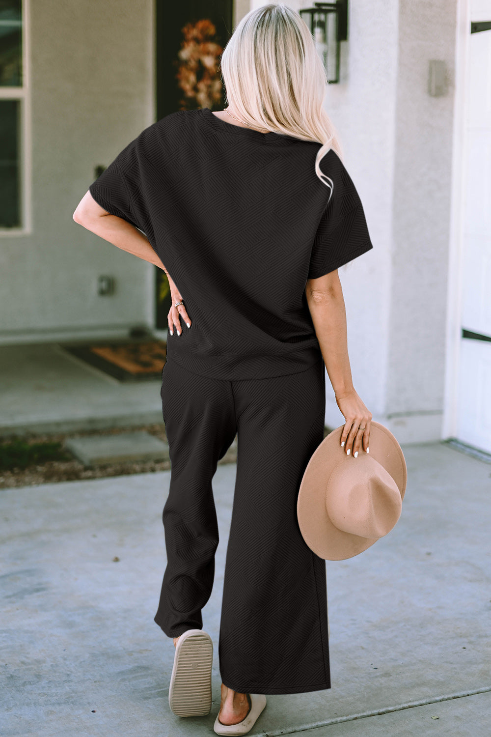Double Take Full Size Texture Short Sleeve Top and Pants Set - ClassiQ