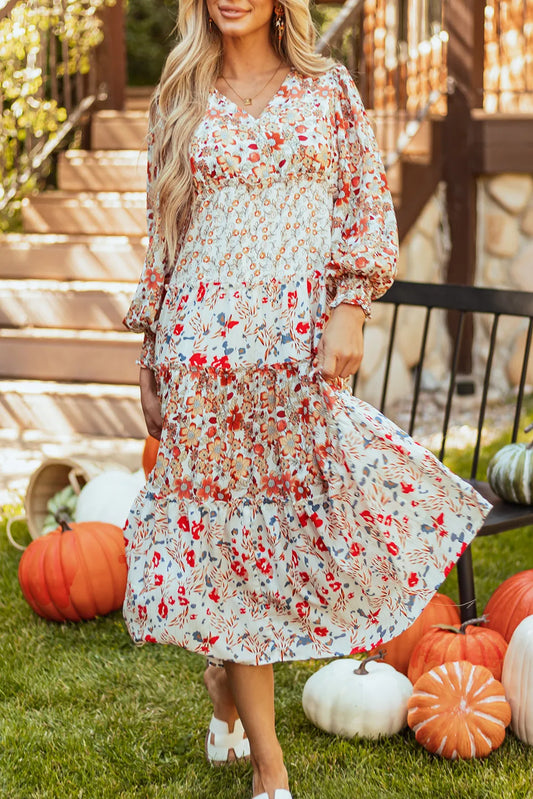 Full Size Printed V-Neck Lantern Sleeve Midi Dress - Classique Collection