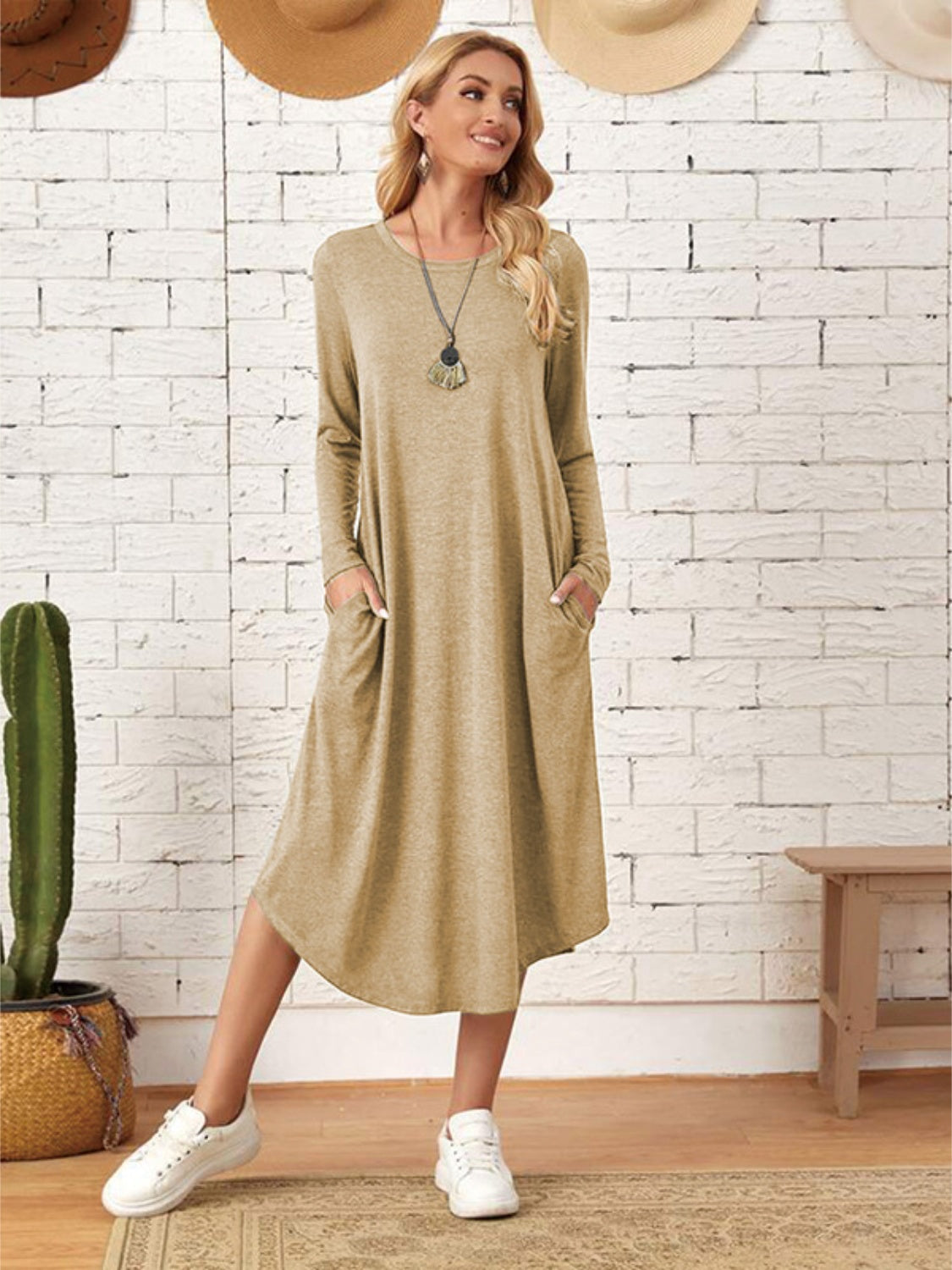 Pocketed Round Neck Long Sleeve Tee Dress - Classique Collection