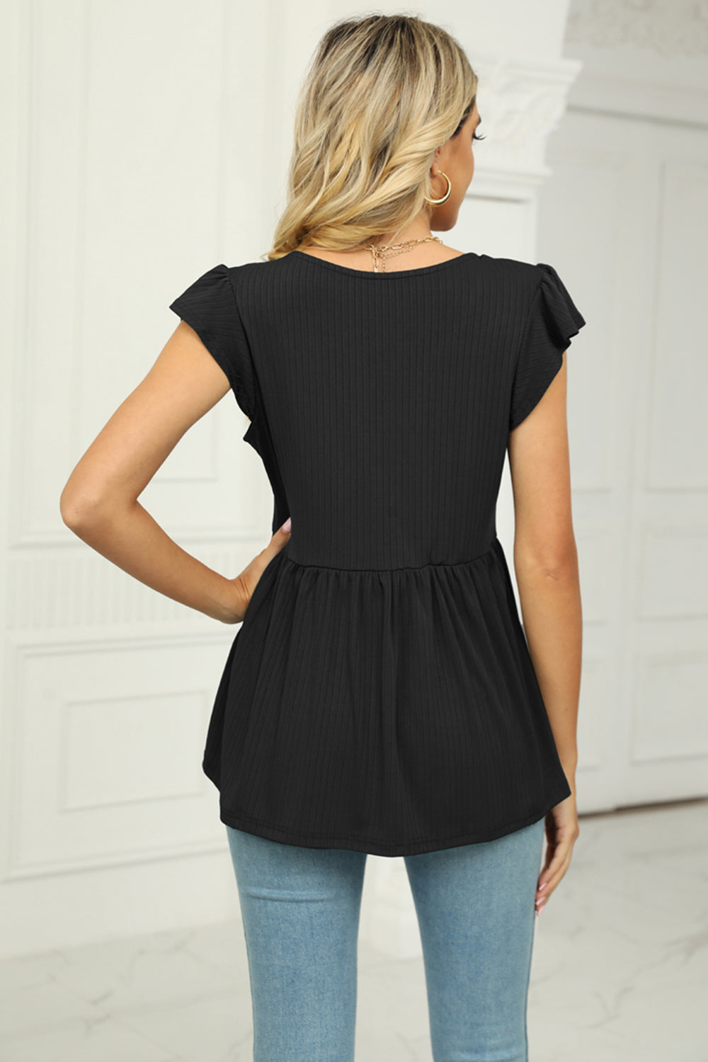 V-Neck Flutter Sleeve Babydoll Blouse - Classique Collection