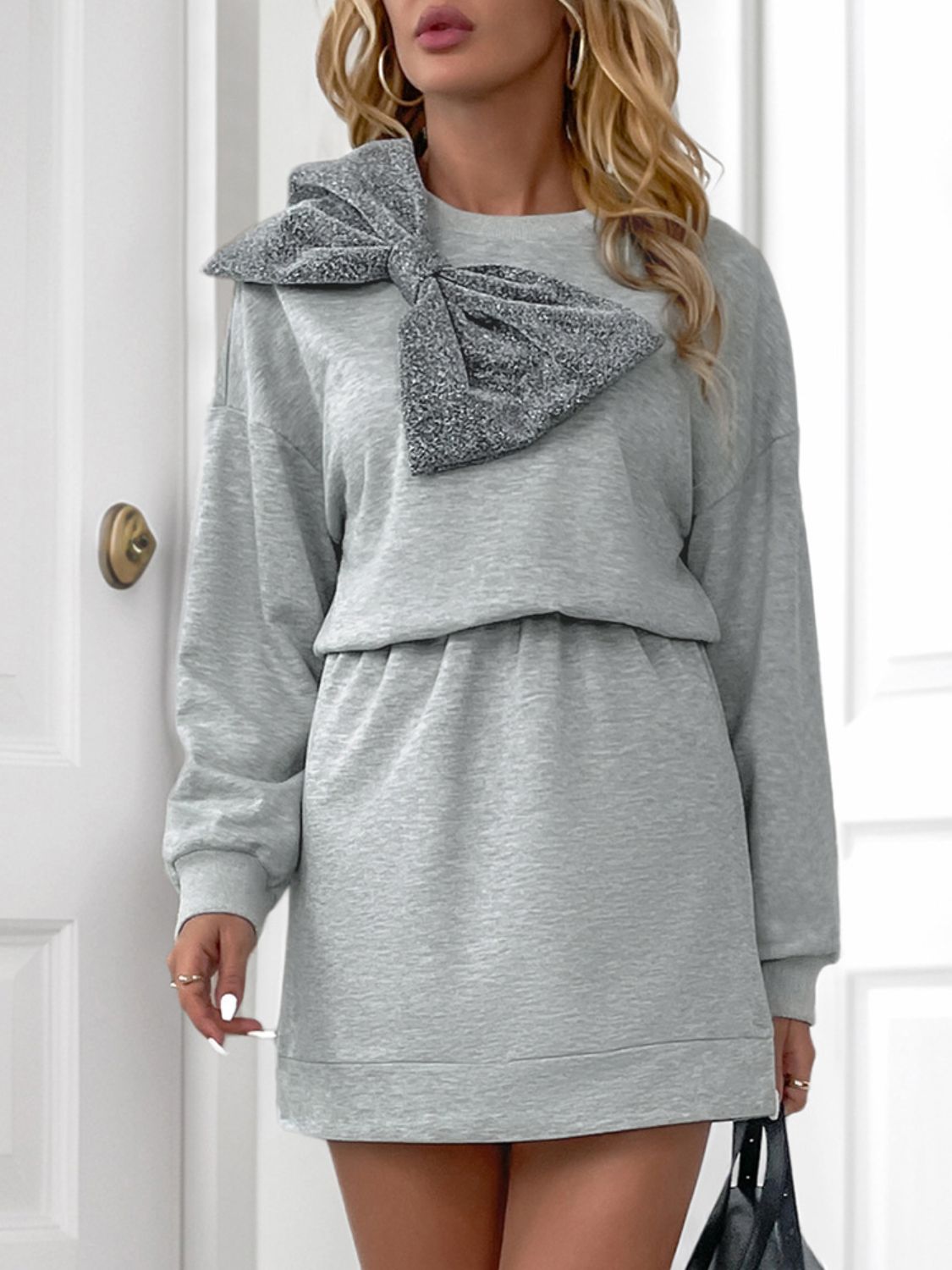 Perfee Bow Dropped Shoulder Long Sleeve Mini Dress - Classique Collection