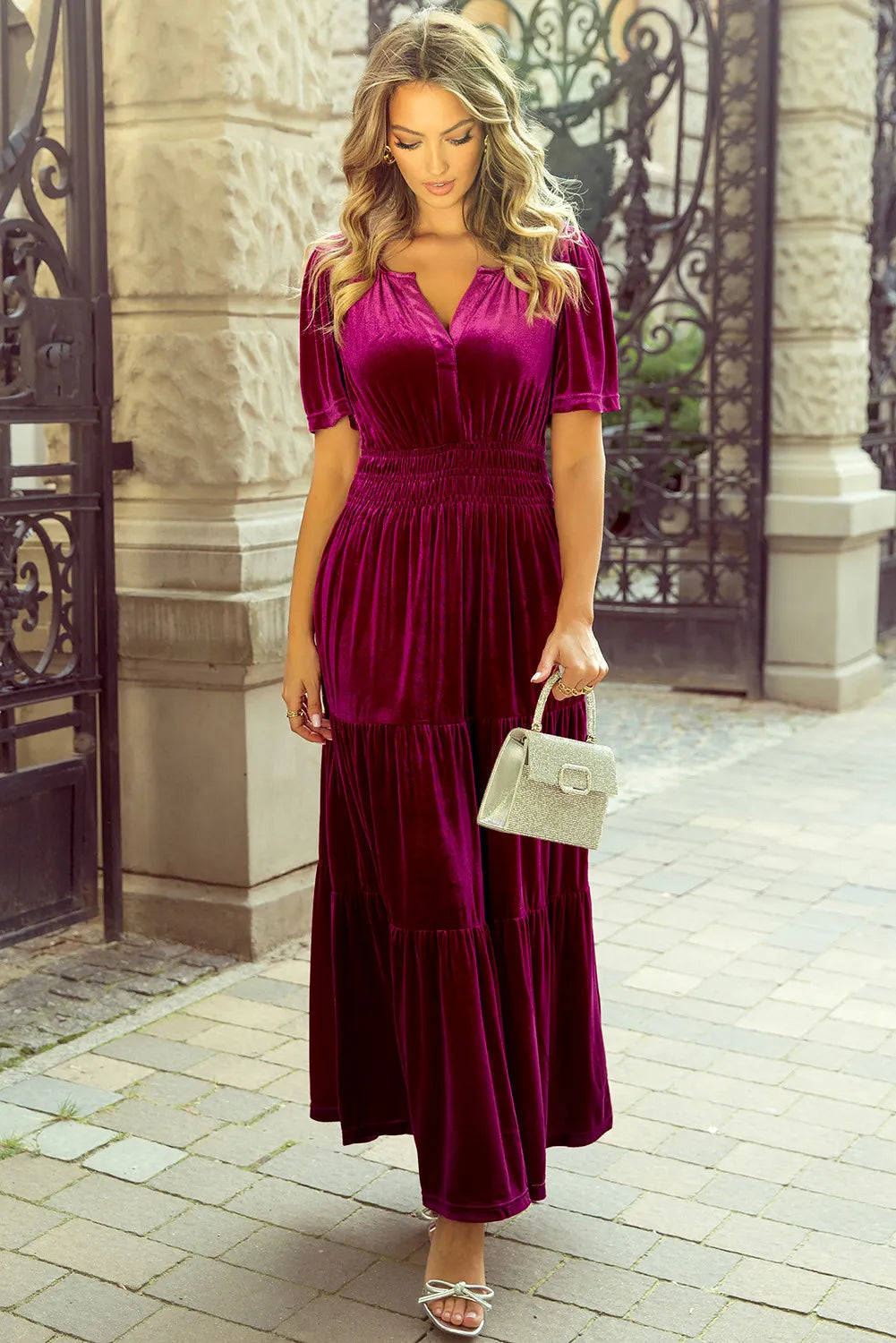 Tiered Notched Short Sleeve Dress with Pockets - Classique Collection
