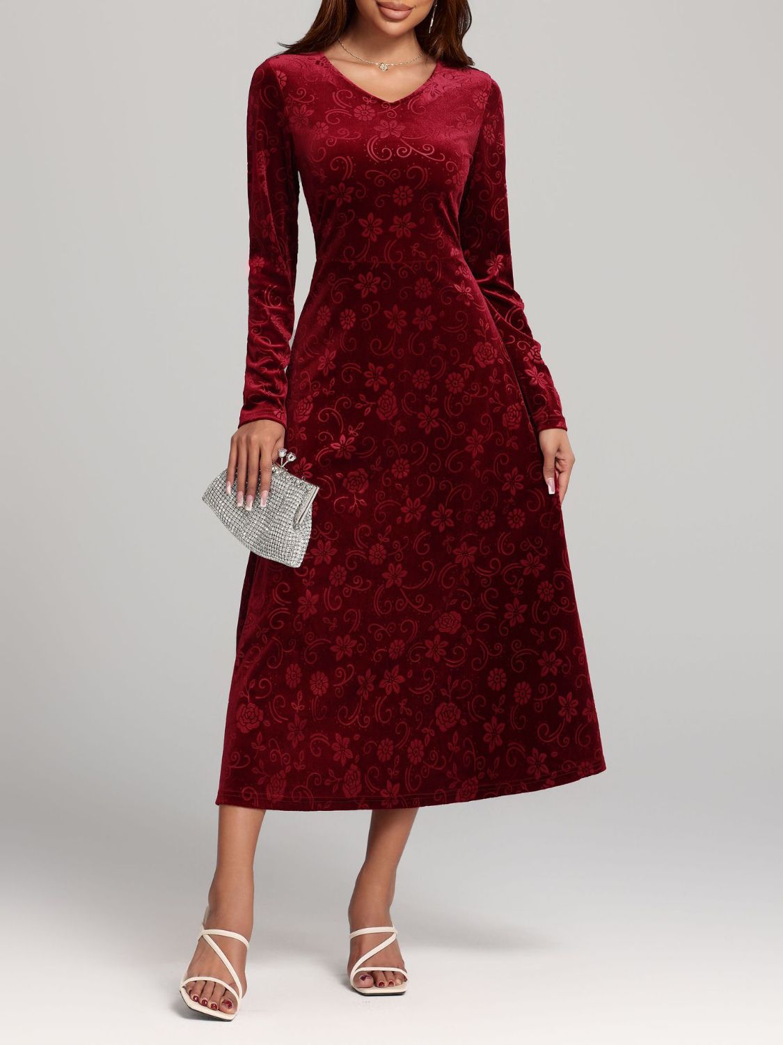Flower Print V-Neck Long Sleeve Midi Dress - Classique Collection