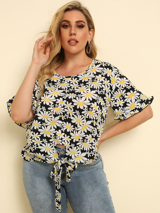 Plus Size Floral Round Neck Tie Hem Blouse - ClassiQ