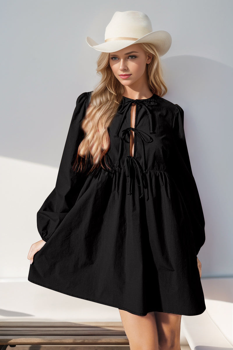 Double Take Christmas Front Tied Long Sleeve Mini Dress - Classique Collection